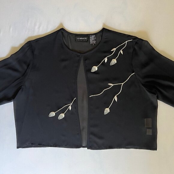 2000's Liz Claiborne Sheer Black & White Rose Embroidered Long Sleeve Blouse - Picture 2 of 6